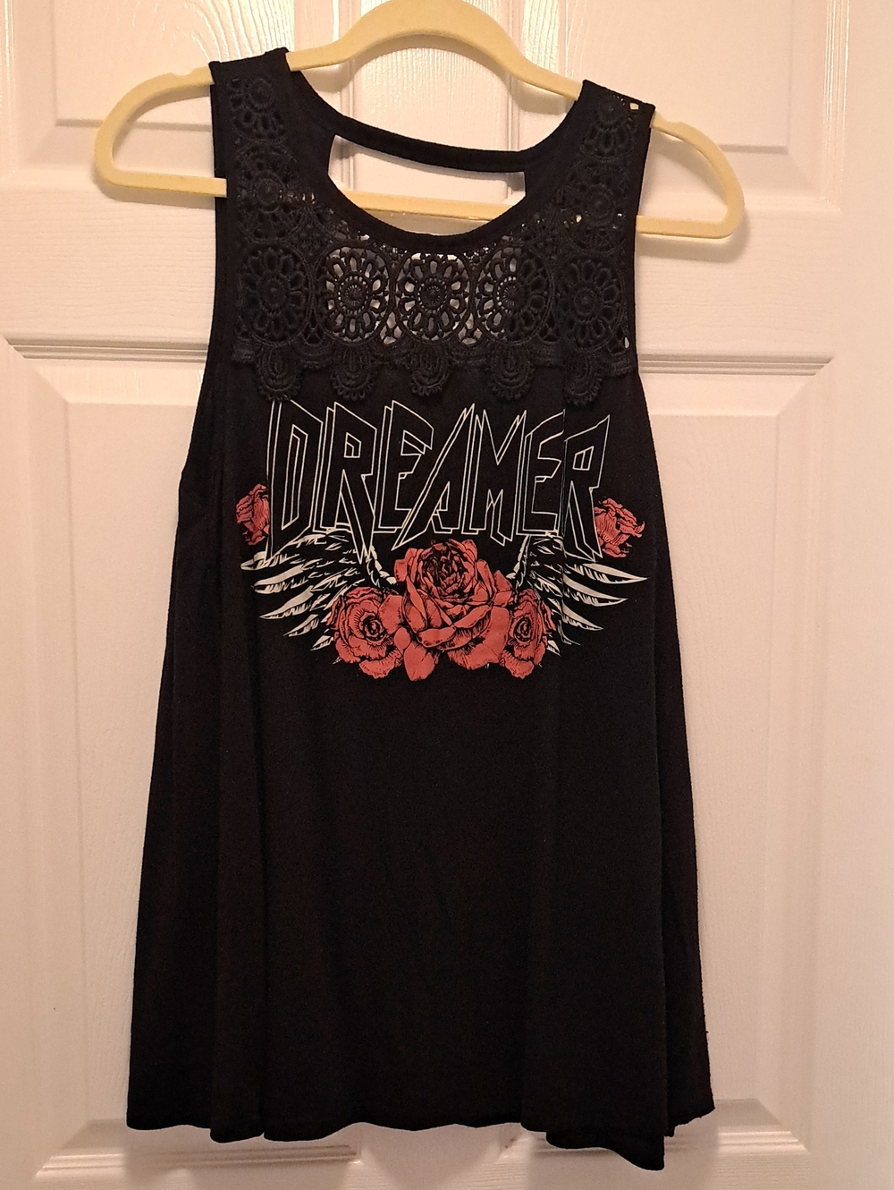 Dreamer Lace Yoke Graphic Tank Top - Black with Pink Floral